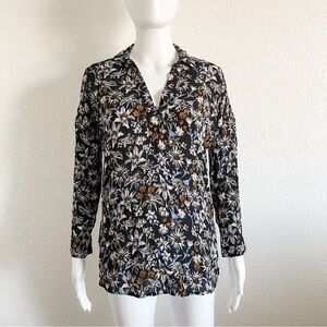Splendid XS Black Floral V-Neck Collard Long Sleeve High Low Blouse